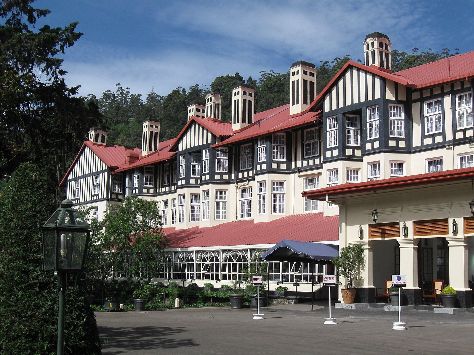 Tudor-style facade of the Grand Hotel in Nuwara Eliya