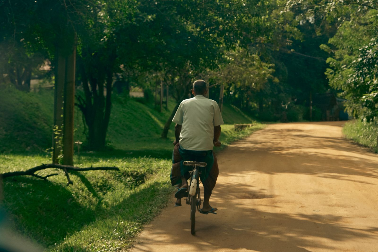 Mann fährt Rad auf einer ruhigen Schotterstraße, umgeben von üppiger Vegetatur – Radfahren in Sri Lanka